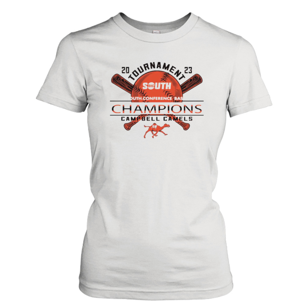 Campbell Fighting Camels 2023 Big South Baseball Conference Tournament Champions T-Shirt 2 Ladies Tee