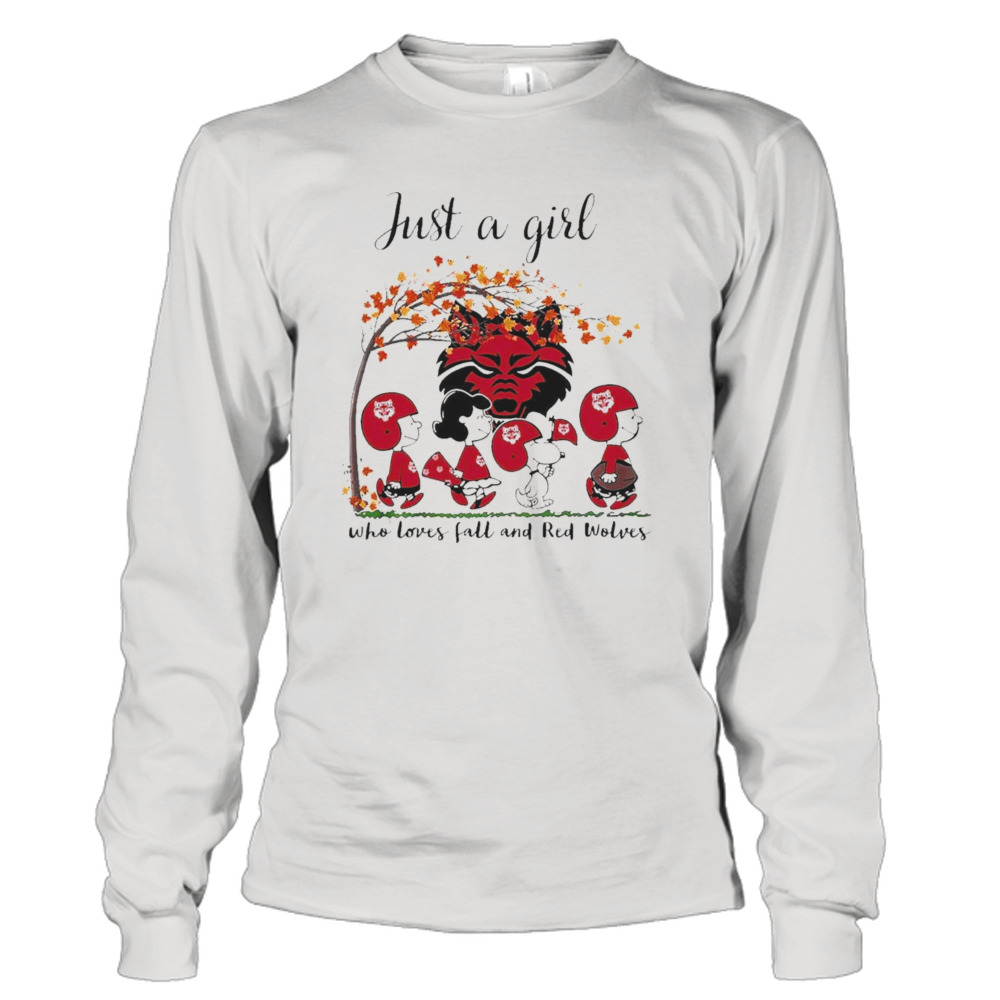 Just A Woman Who Loves Fall And Arkansas State Red Wolves Peanuts Cartoon T-Shirt 3 Long Sleeve Tee