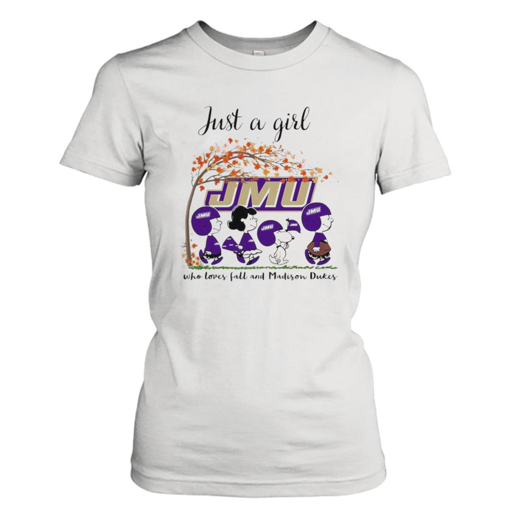 Just A Woman Who Loves Fall And James Madison Dukes Peanuts Cartoon T-Shirt 2 Ladies Tee