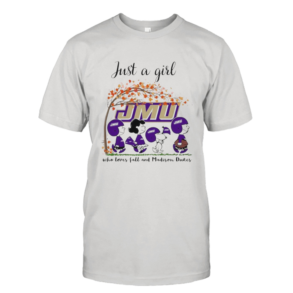 Just A Woman Who Loves Fall And James Madison Dukes Peanuts Cartoon T-Shirt 1 Unisex Tee