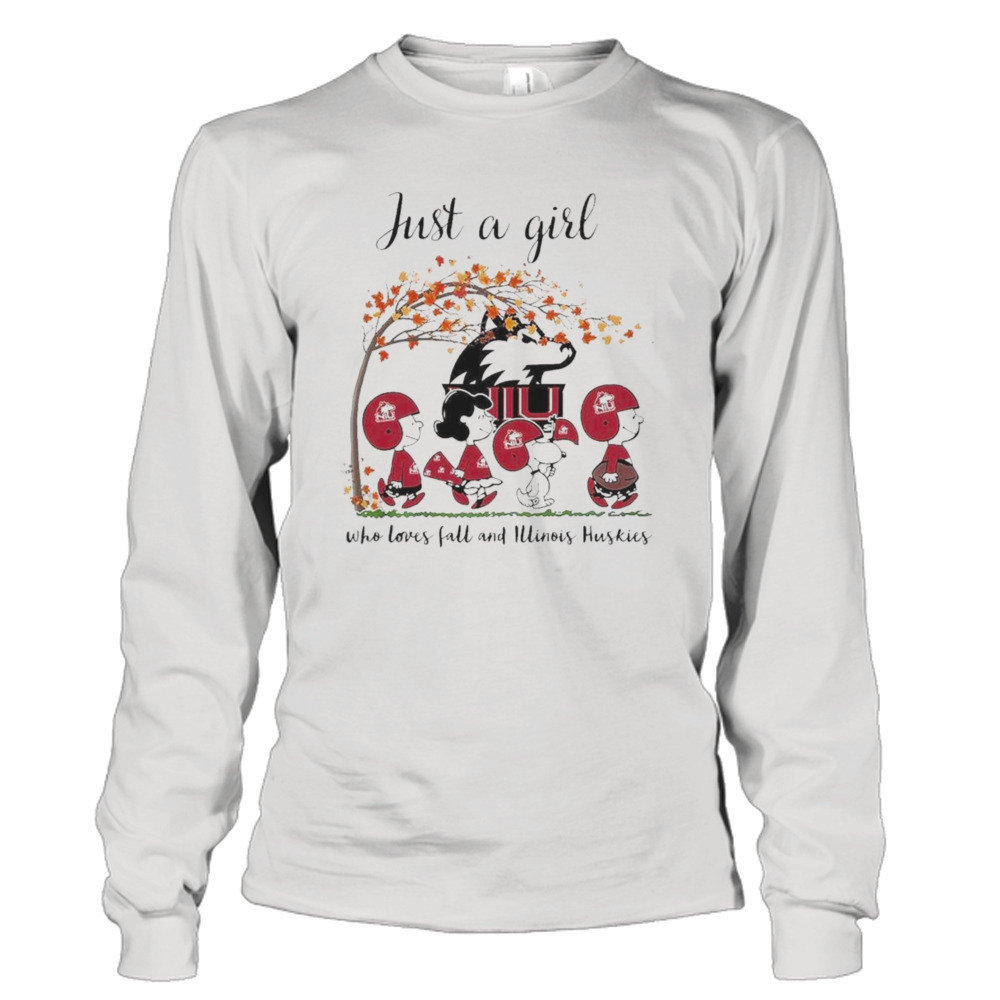 Just A Woman Who Loves Fall And Northern Illinois Huskies Peanuts Cartoon T-Shirt 3 Long Sleeve Tee