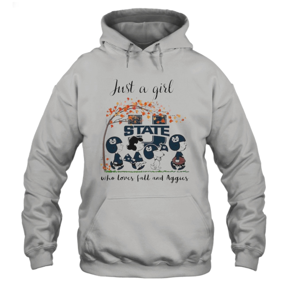 Just A Woman Who Loves Fall And Utah State Aggies Peanuts Cartoon T-Shirt 4 Hoodie