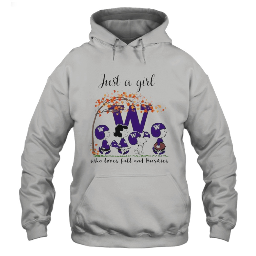 Just A Woman Who Loves Fall And Washington Huskies Peanuts Cartoon T-Shirt 4 Hoodie