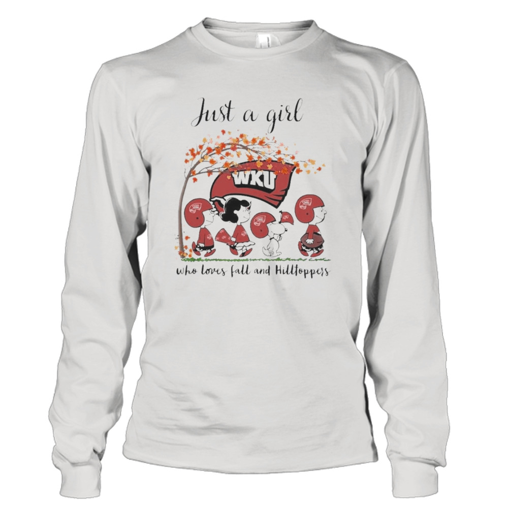 Just A Woman Who Loves Fall And Western Kentucky Hilltoppers Peanuts Cartoon T-Shirt 3 Long Sleeve Tee