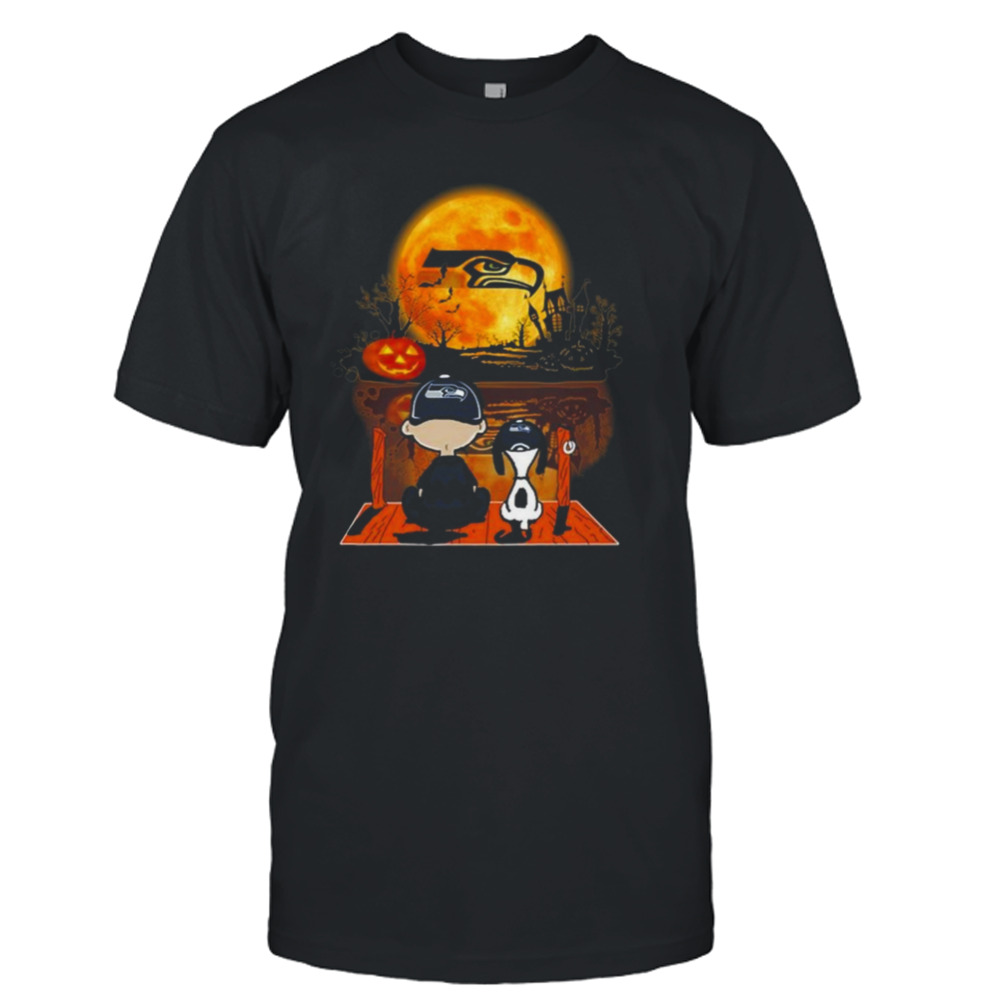 Snoopy And Charlie Brown Seattle Seahawks Sitting Under Moon Halloween 2023 T-shirt