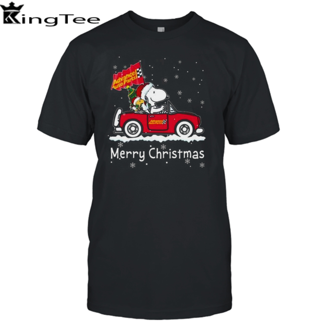 Santa Snoopy And Woodstock Driving Car Advance Auto Parts Merry Christmas Shirt