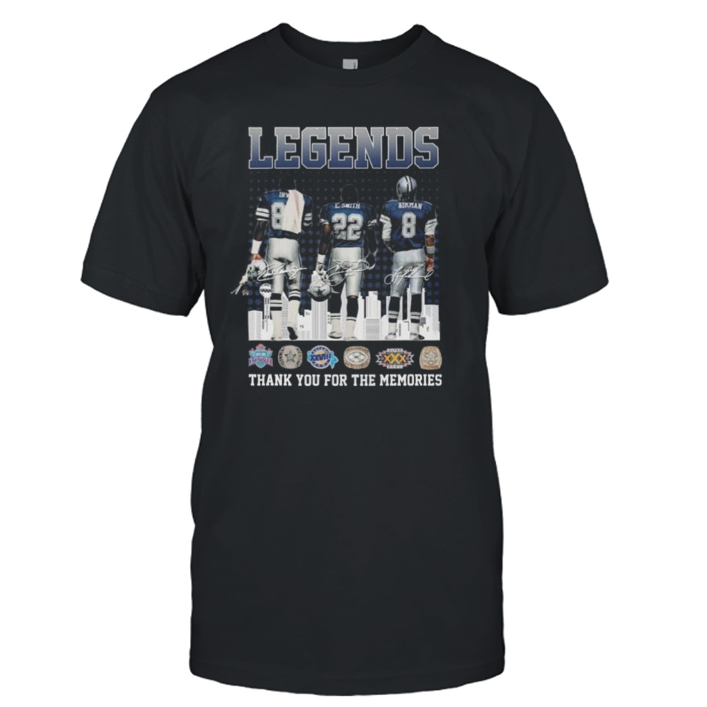 Dallas Cowboys Legends Michael Irvin Emmitt Smith And Troy Aikman Thank You For The Memories Signatures Shirt