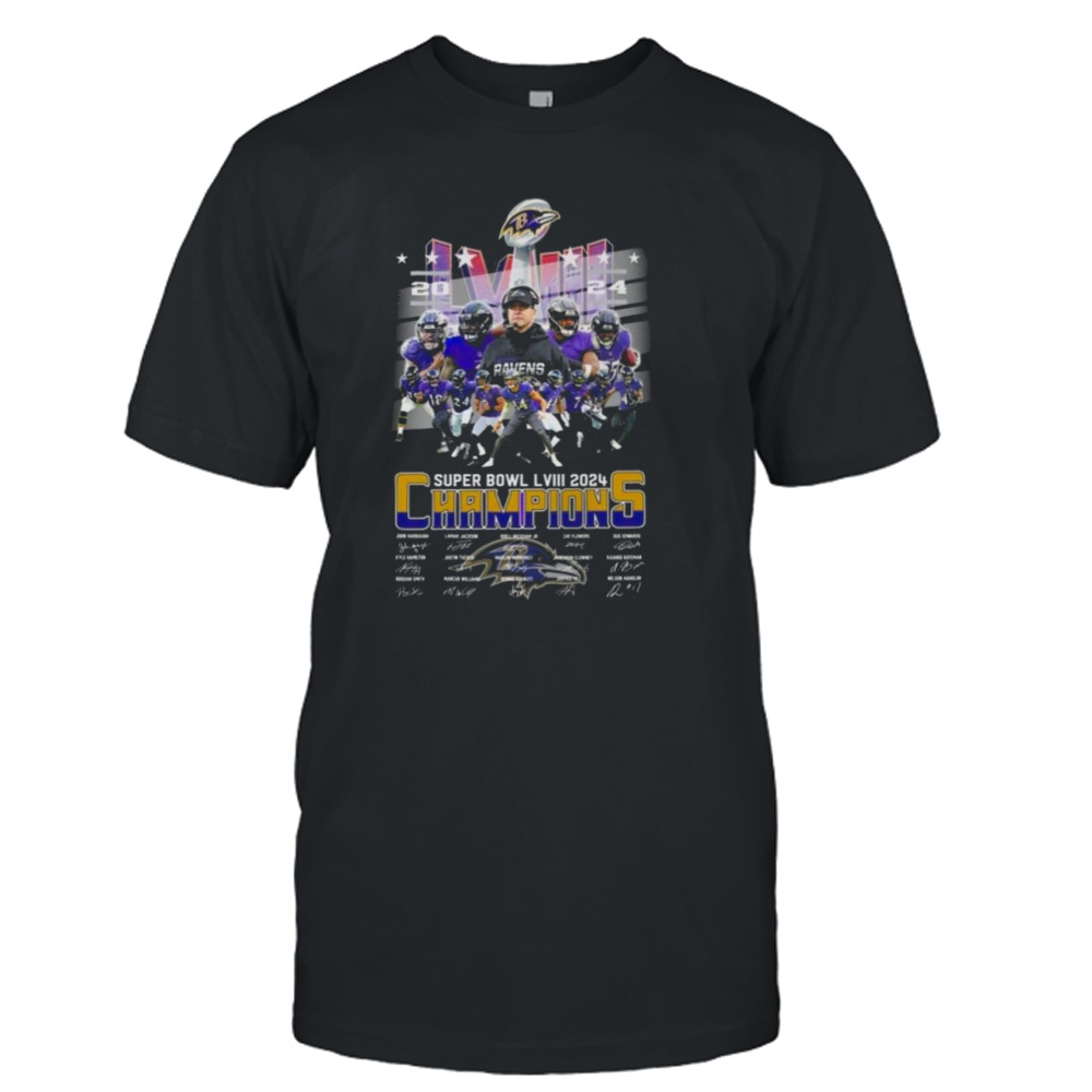 Baltimore Ravens Super Bowl LVIII 2024 Champions Signatures T-Shirt