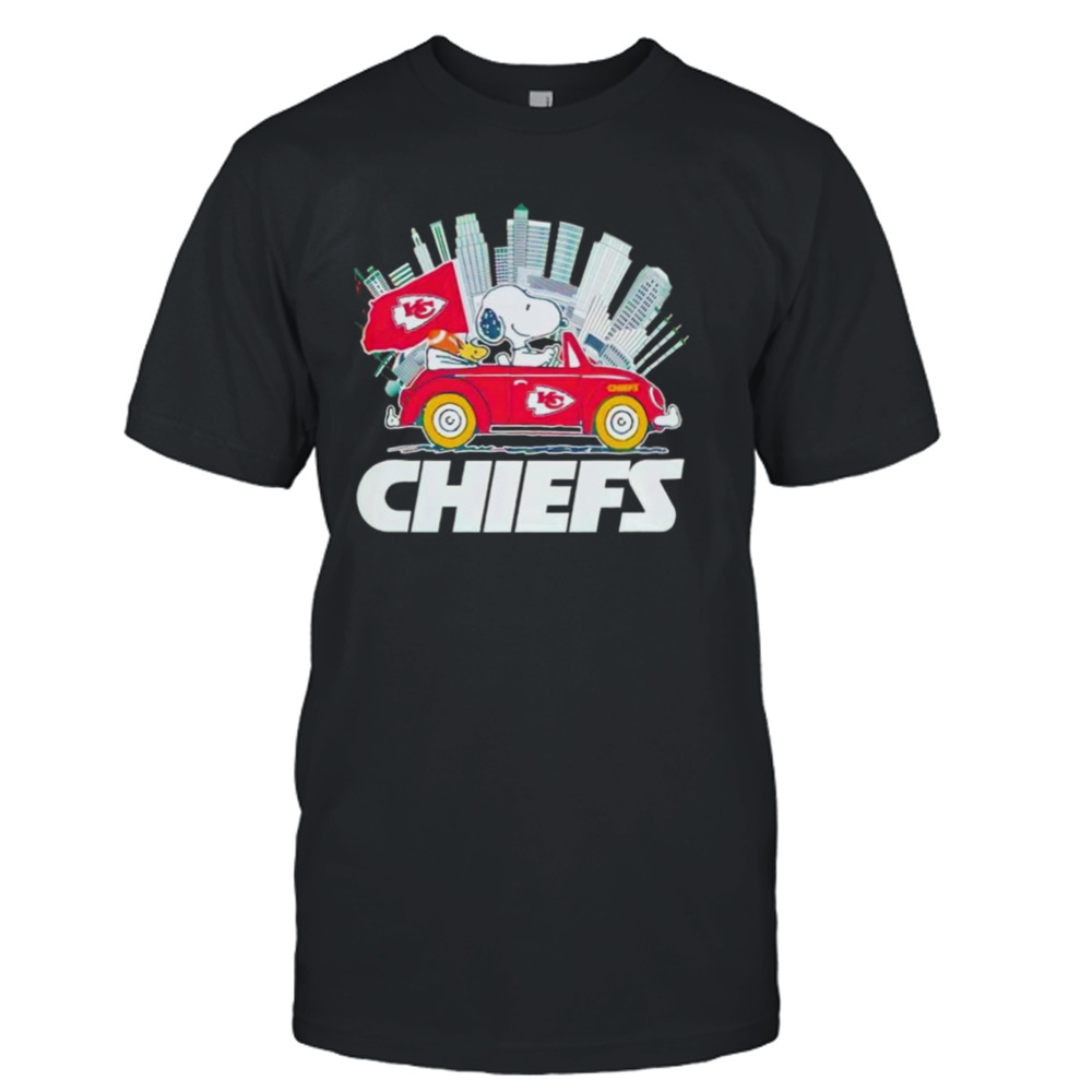 Snoopy And Woodstock Driving Car Kansas City Chiefs On Skyline 2024 T-Shirt
