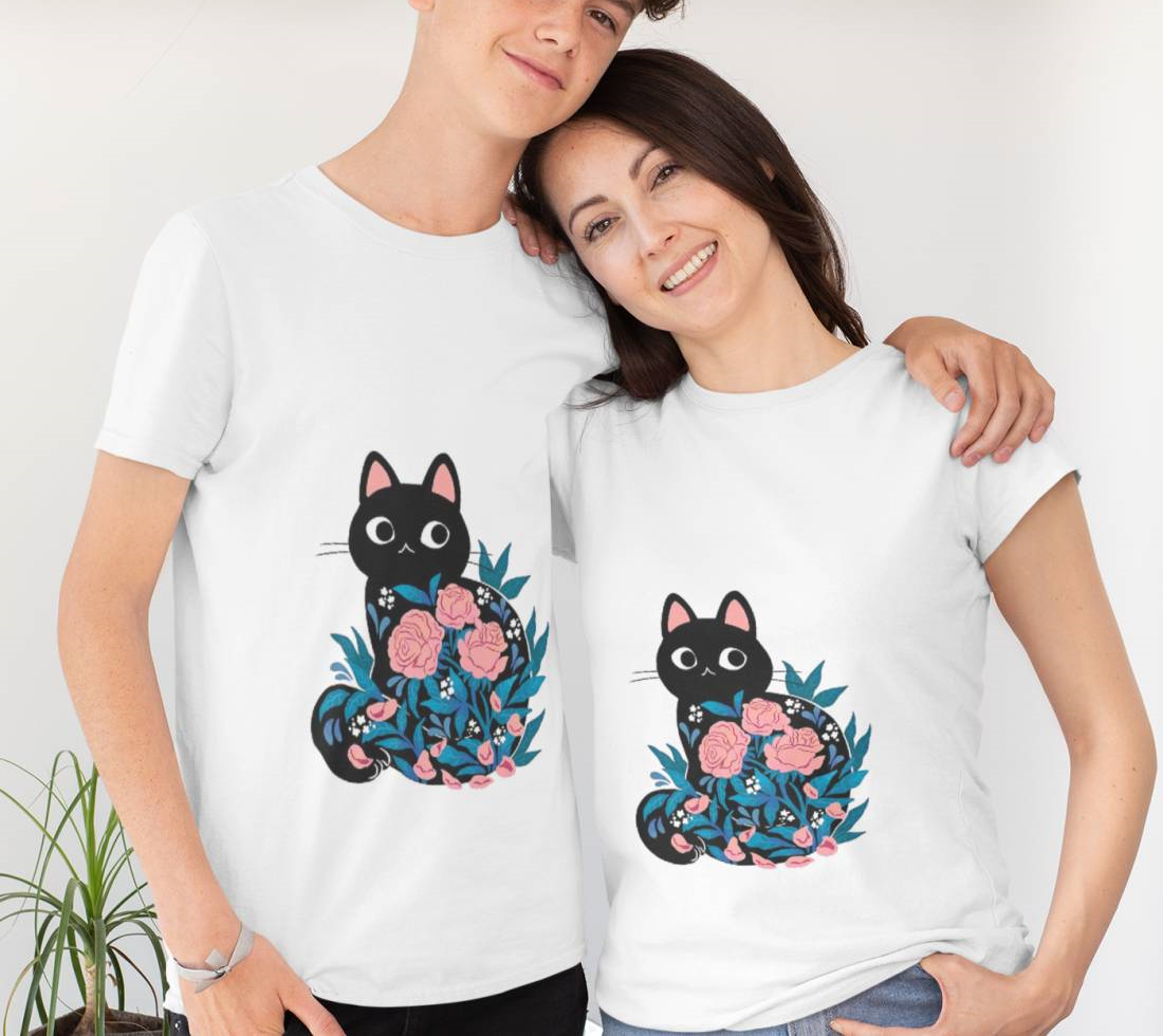 Black Cat In Prink Roses T-Shirt