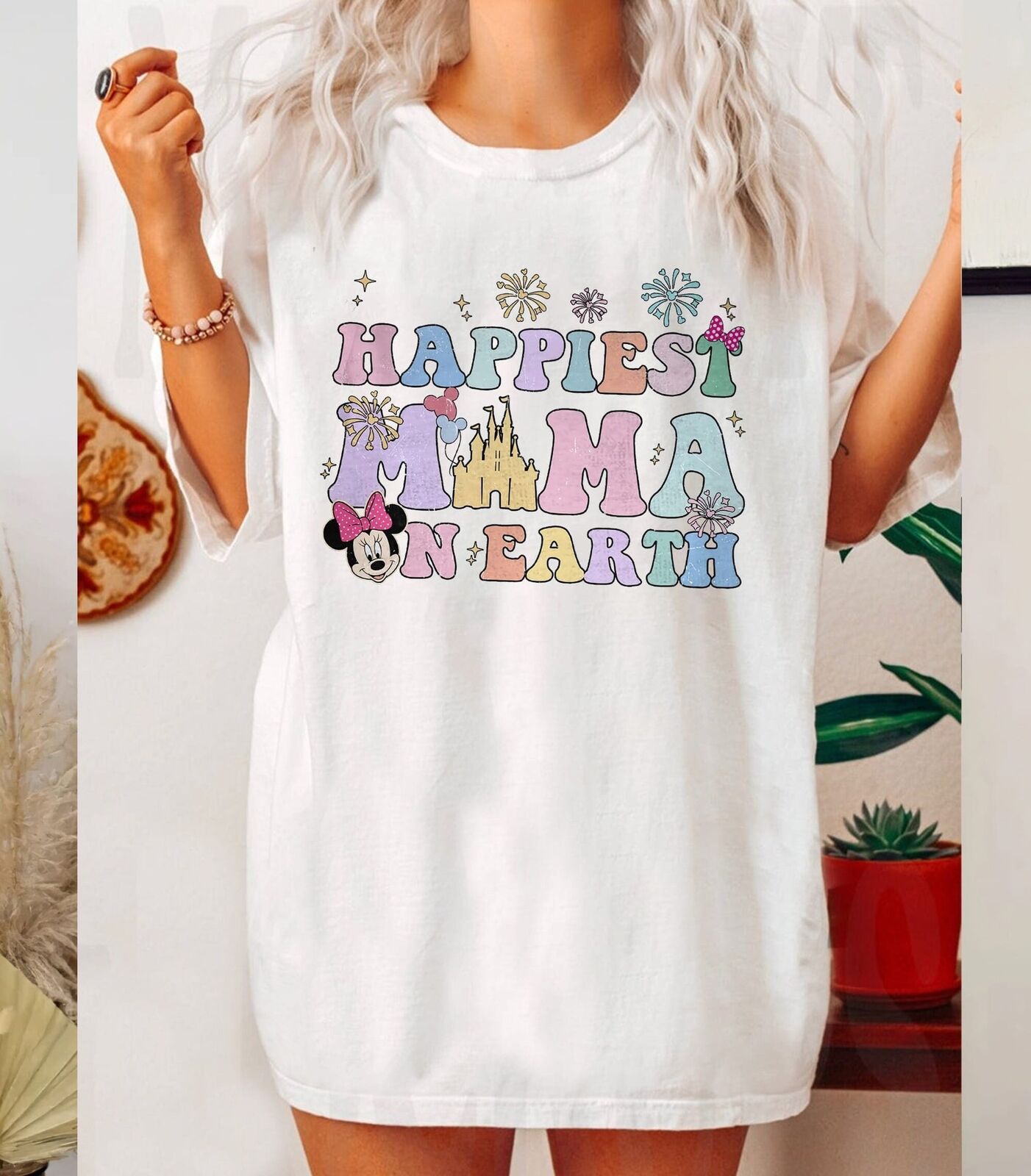 Vintage Happiest Mama On Earth Minnie Mouse Head Mother's Day Tshirt Women