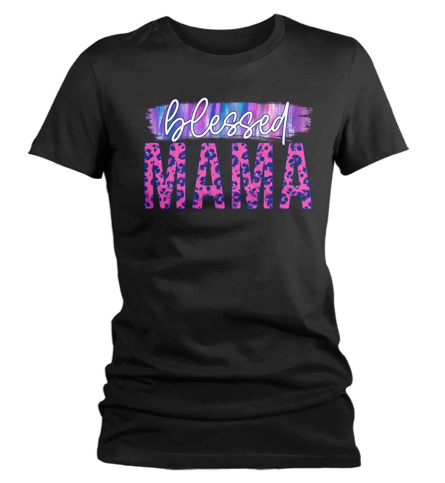 Women's Blessed Mama Shirt Mother's Day Gift Shirt For Mom Floral Pink Leopard T
