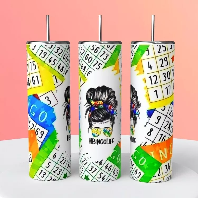 Bingo Life Messy Bun 20 Oz Sublimated Tumbler Coffee Cup Insulated Cards