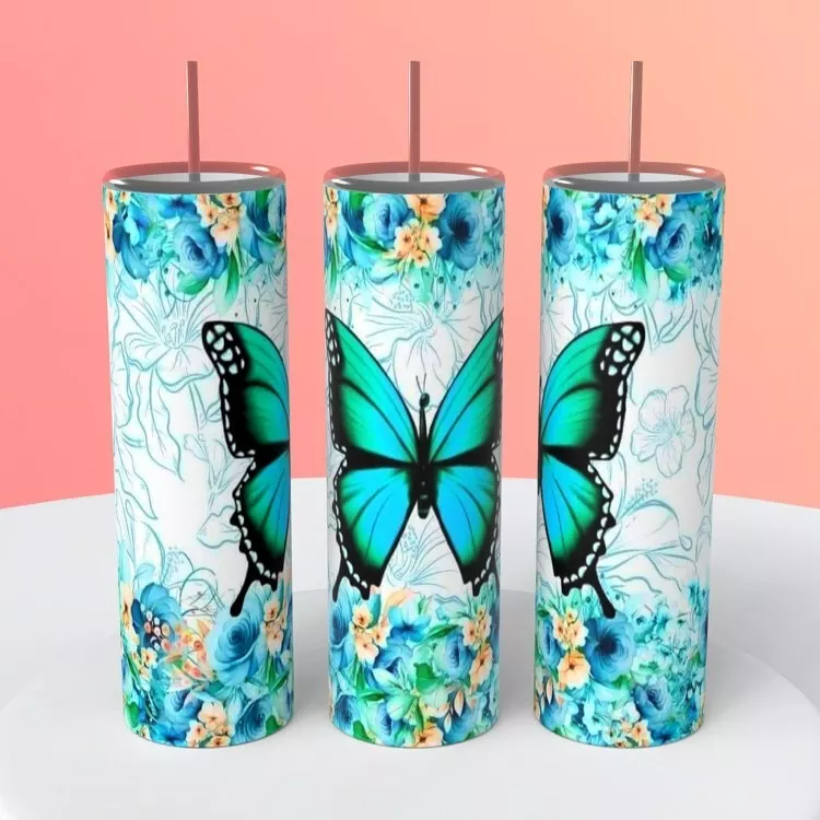 Blue Butterfly And Flowers Tumbler 20 Ounce Insulated Coffee Cup