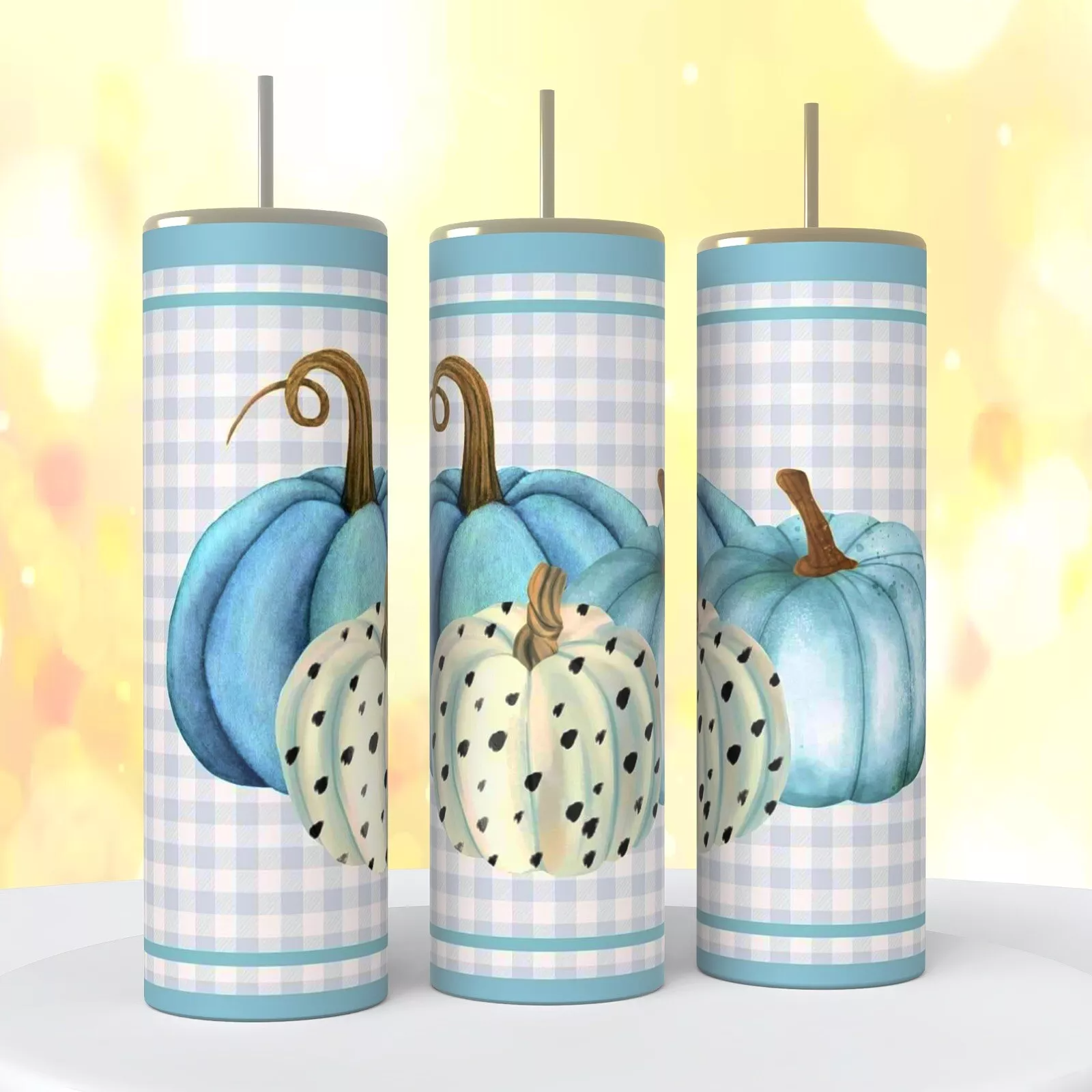 Blue White Pumpkins Fall Plaid Image On 20 Oz Tumbler Insulated Coffee Cup