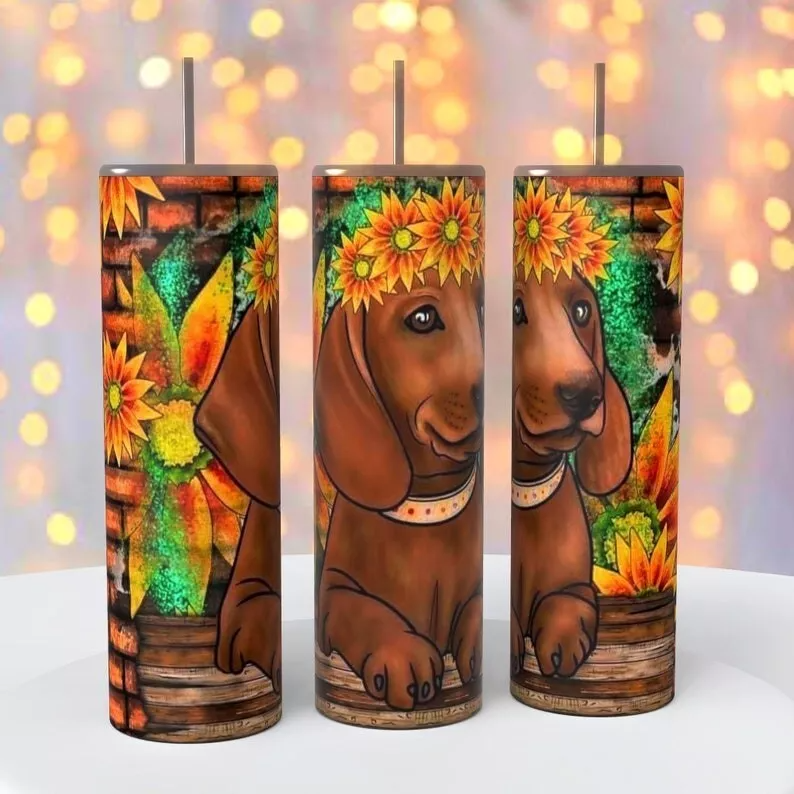 Brown Dachshund Dog Sunflowers On A 20 Ounce Tumbler Insulated Coffee Cup