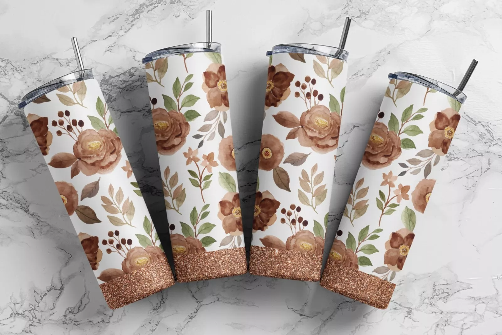 Brown Flowers Glitter Look 20 Oz Sublimated Tumbler Coffee Cup Insulated