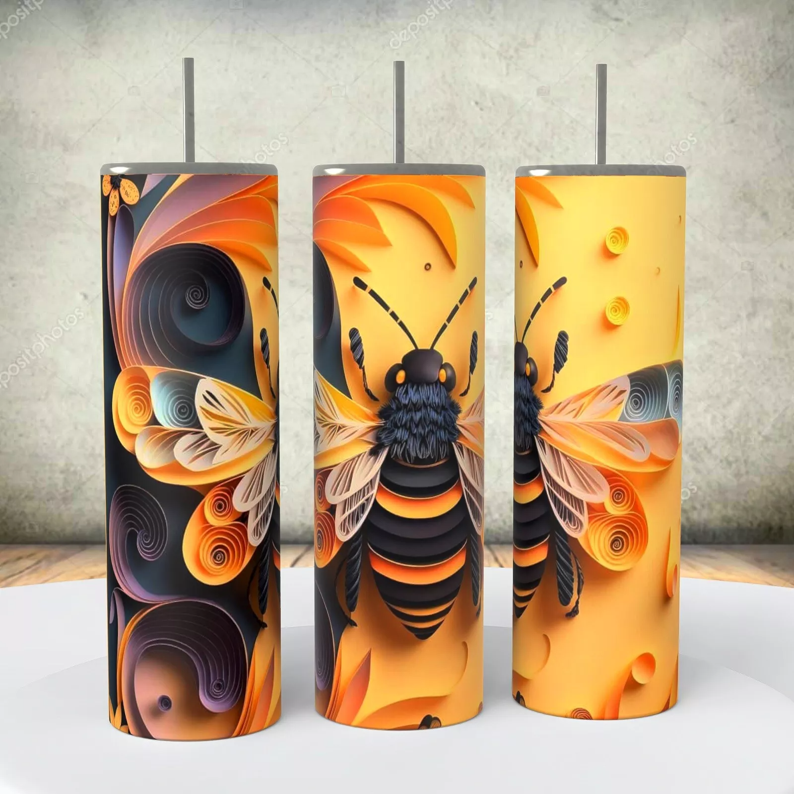 Bumblebee Paper Quilling In A 3d Look On A 20 Ounce Tumbler Insulated Coffee Cup