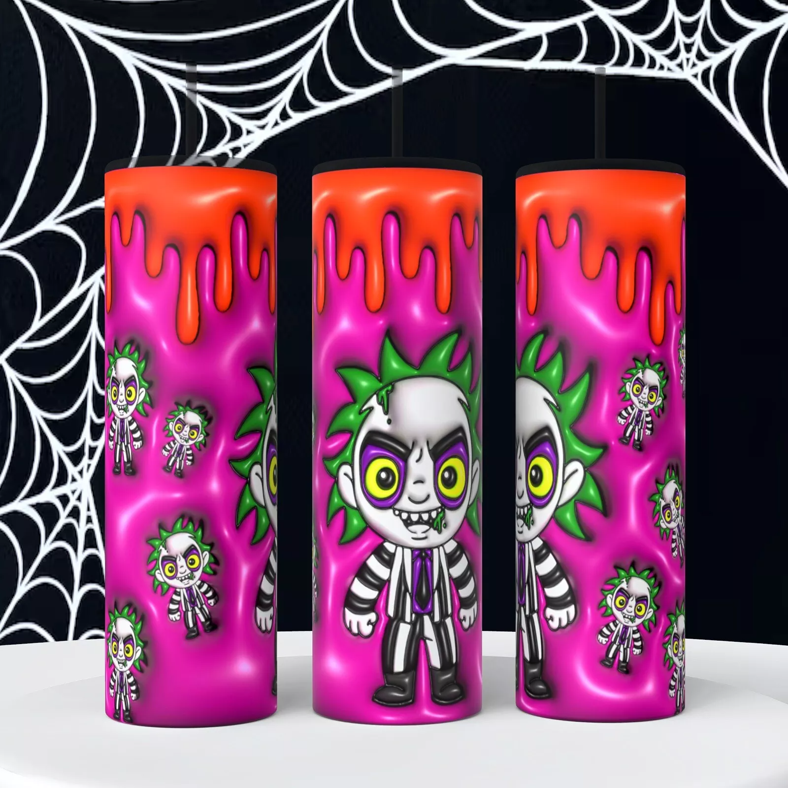 Cartoon Beetlejuice Puffed Inflated Look On A 20 Oz Tumbler Insulated Coffee Cup