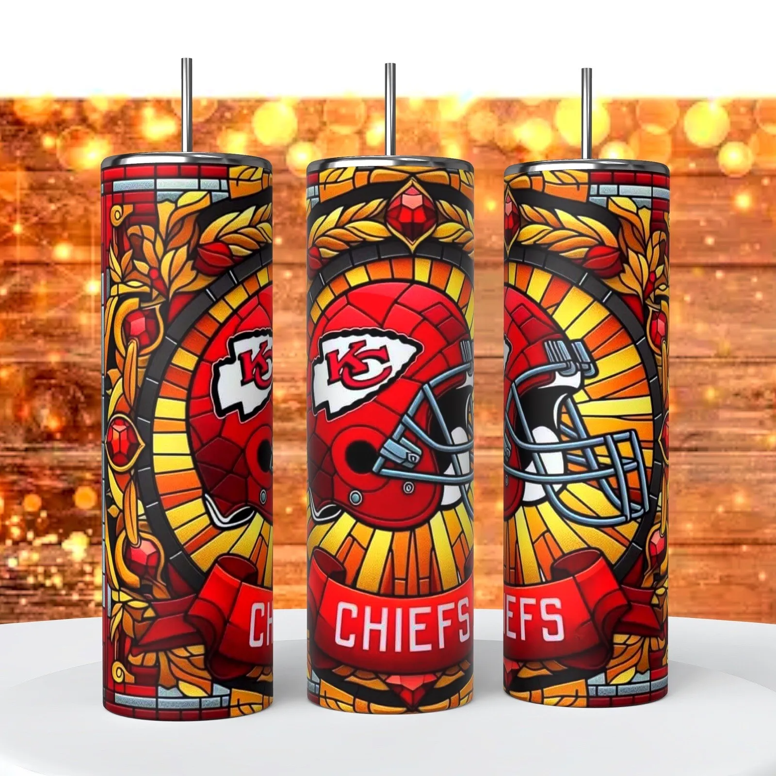 Chiefs Football Stained Glass Look 20 Oz Tumbler Coffee Cup Sublimated Gift