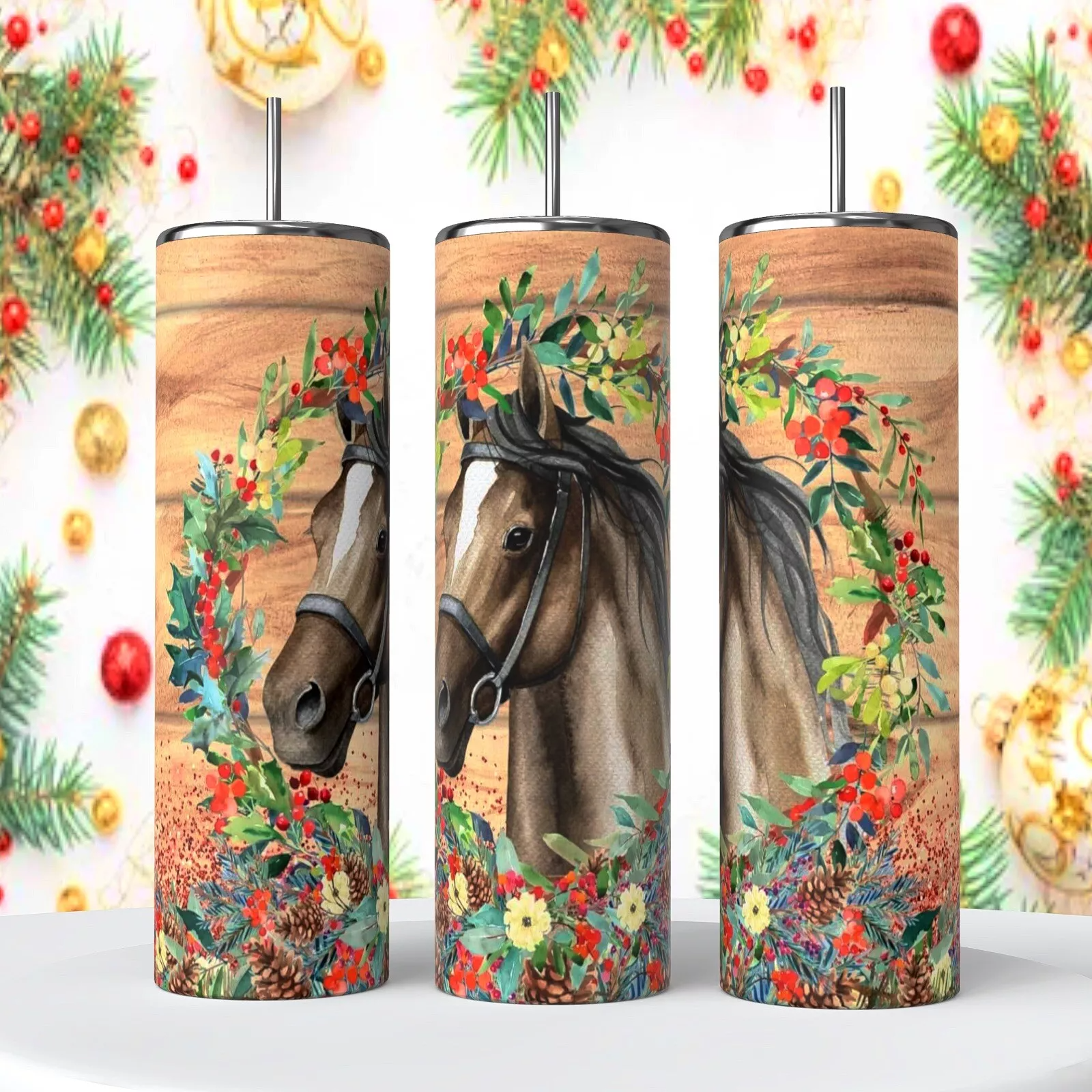 Christmas Horse Evergreen Wreath On 20 Oz Tumbler Insulated Coffee Cup