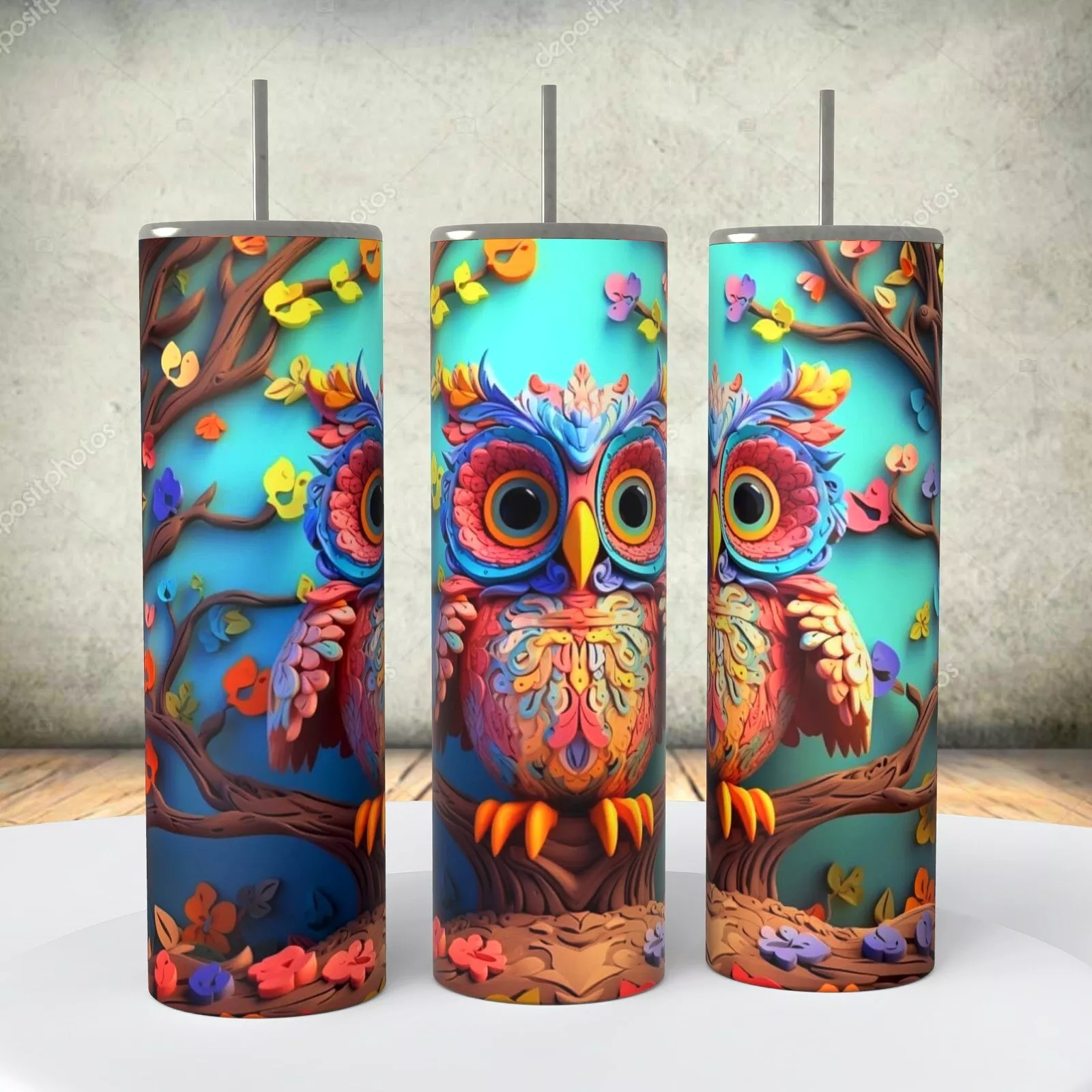 Colorful Owl In Tree In 3d Look On A 20 Ounce Tumbler Insulated Coffee Cup