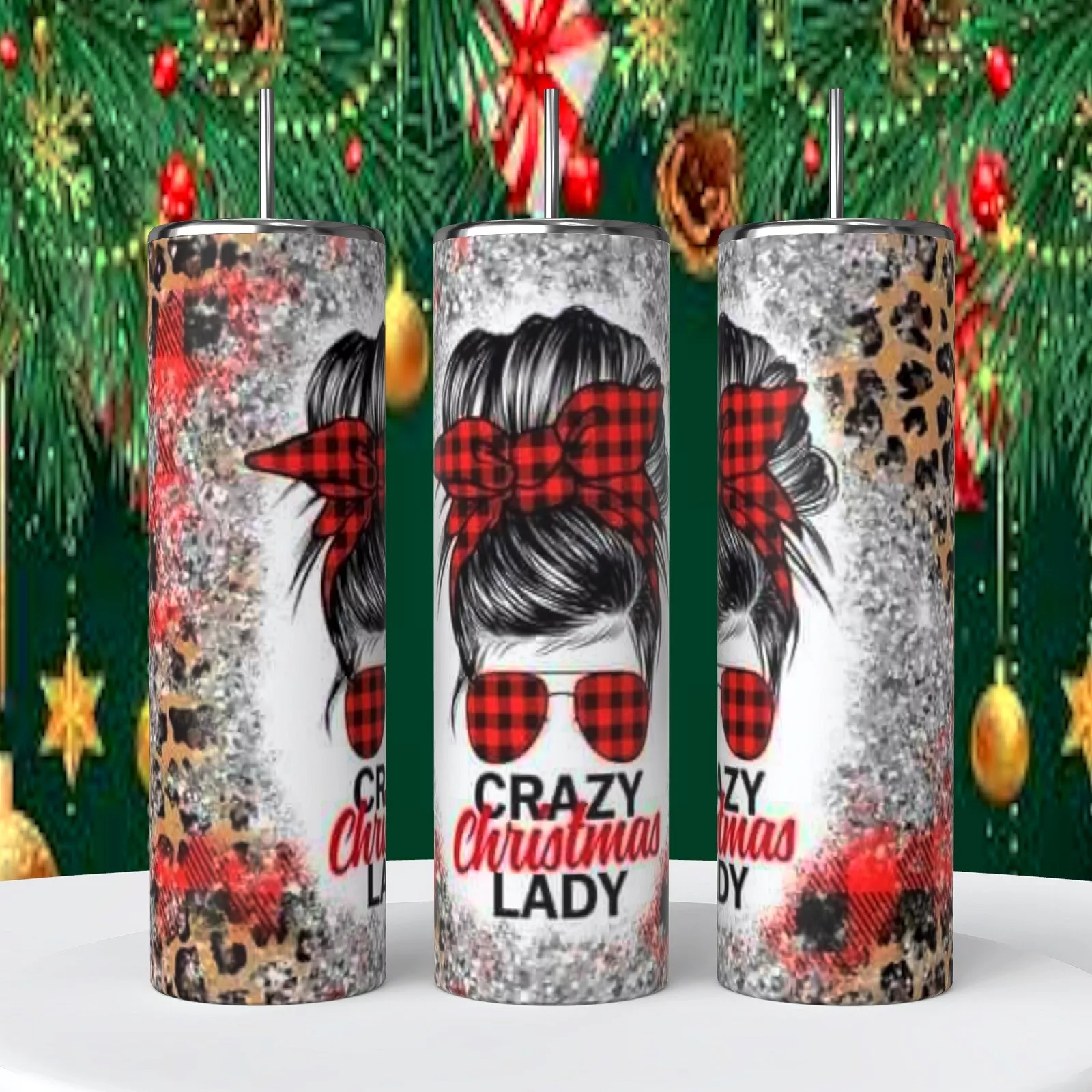 Crazy Christmas Lady Messy Bun On 20 Oz Tumbler Insulated Coffee Cup