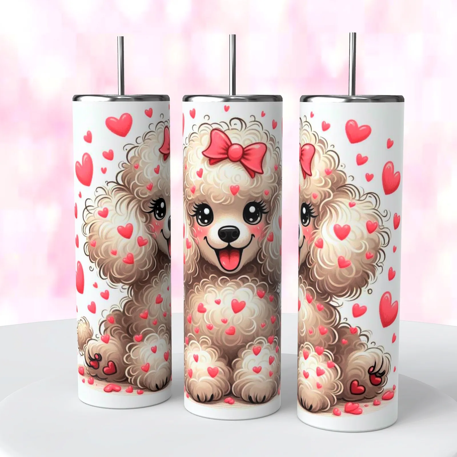 Cute White Fluffy Poodle And Hearts 20 Oz Tumbler Coffee Valentine’s Day