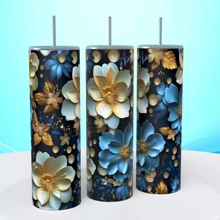 3d Blue Flowers 20 Oz Sublimated Tumbler Coffee Cup Insulated Paper Quilling