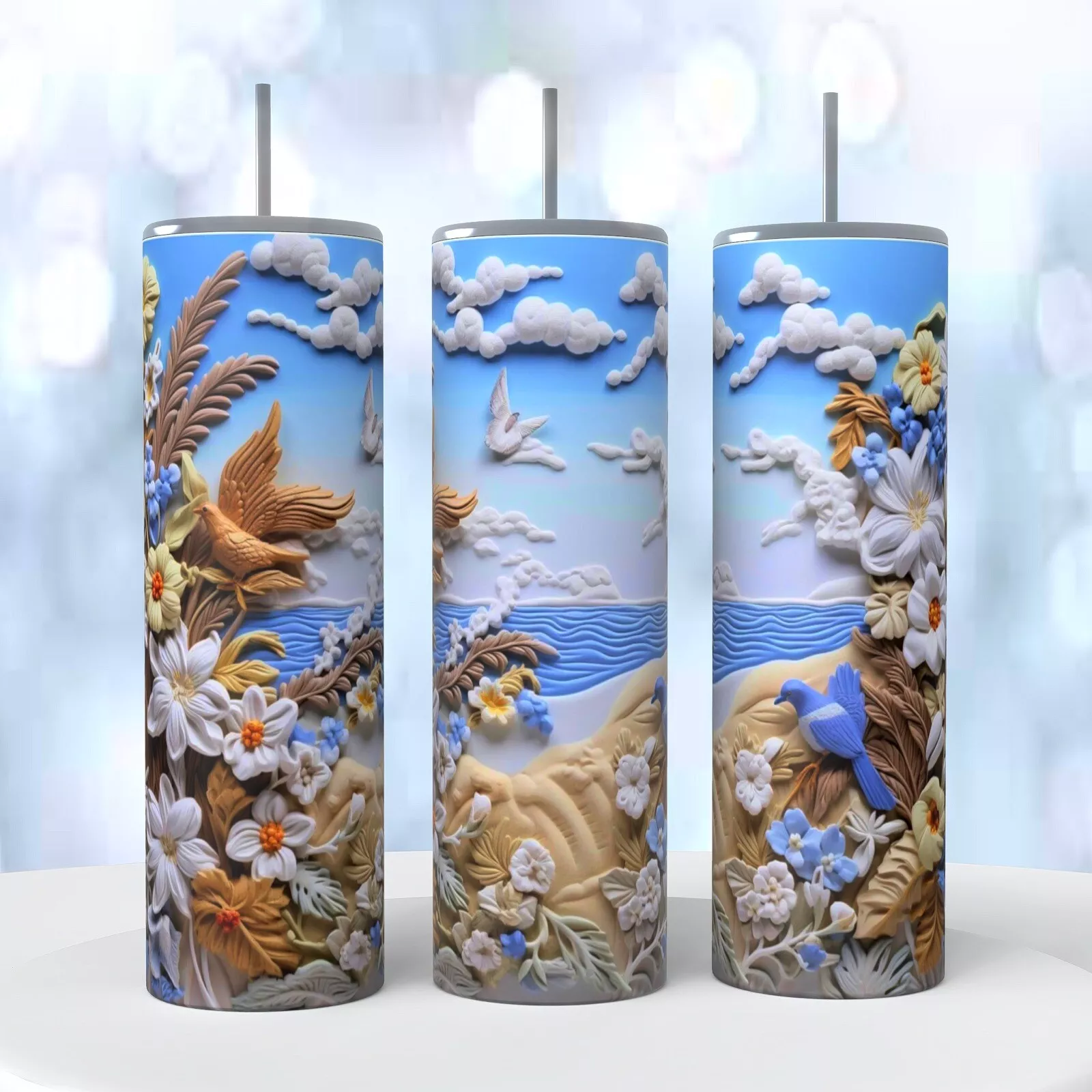 3d Look Beautiful Ocean Scene Birds On A 20 Ounce Tumbler Insulated Coffee Cup