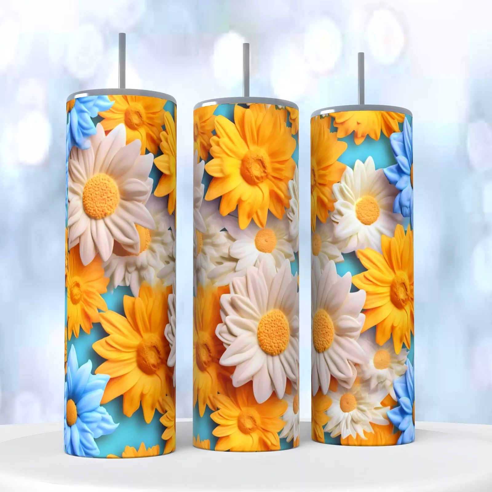 3d Look Daisies Yellow Blue White On A 20 Ounce Tumbler Insulated Coffee Cup