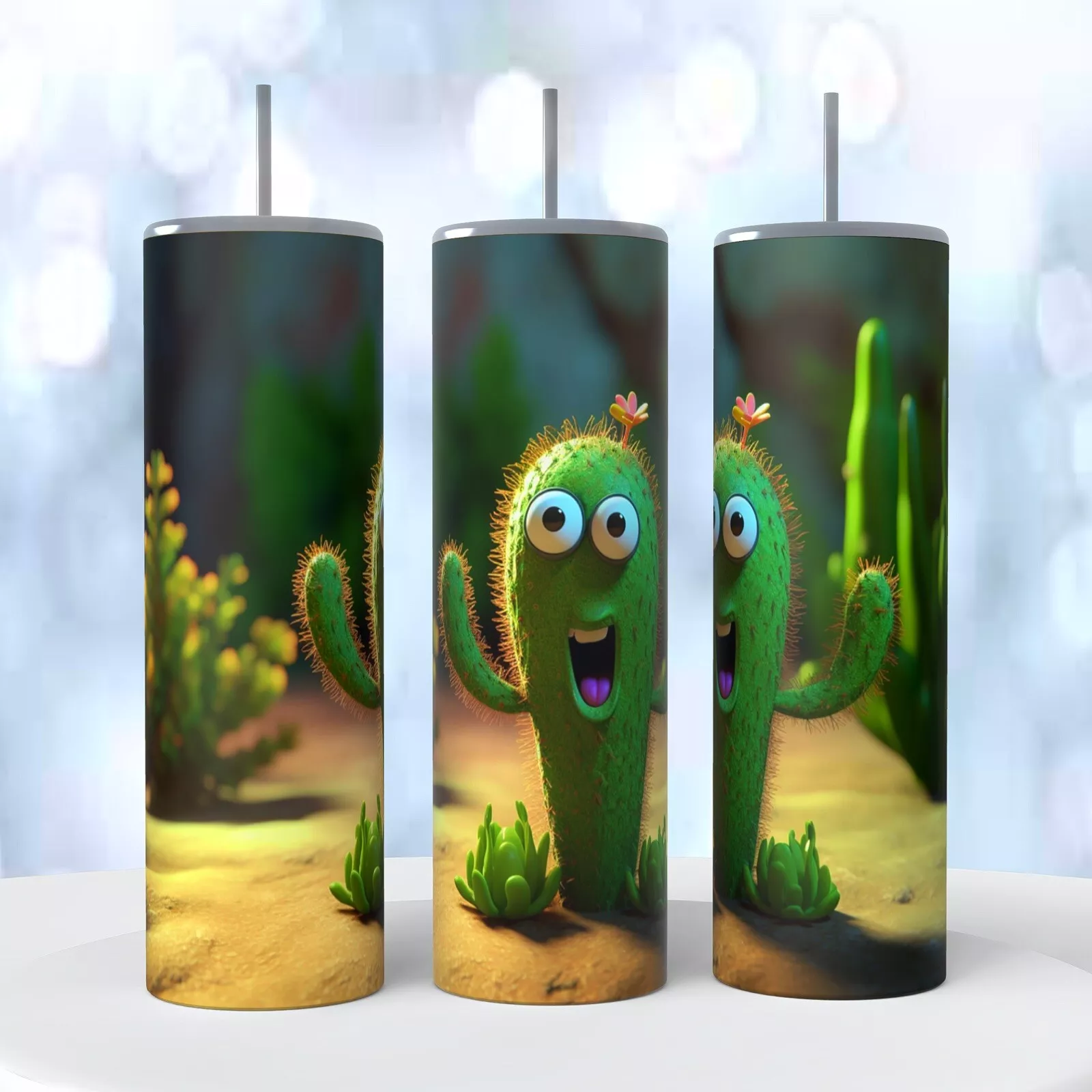 3d Look Surprised Cactus Tumbler 20 Ounce Insulated Coffee Cup Flowers Quilling