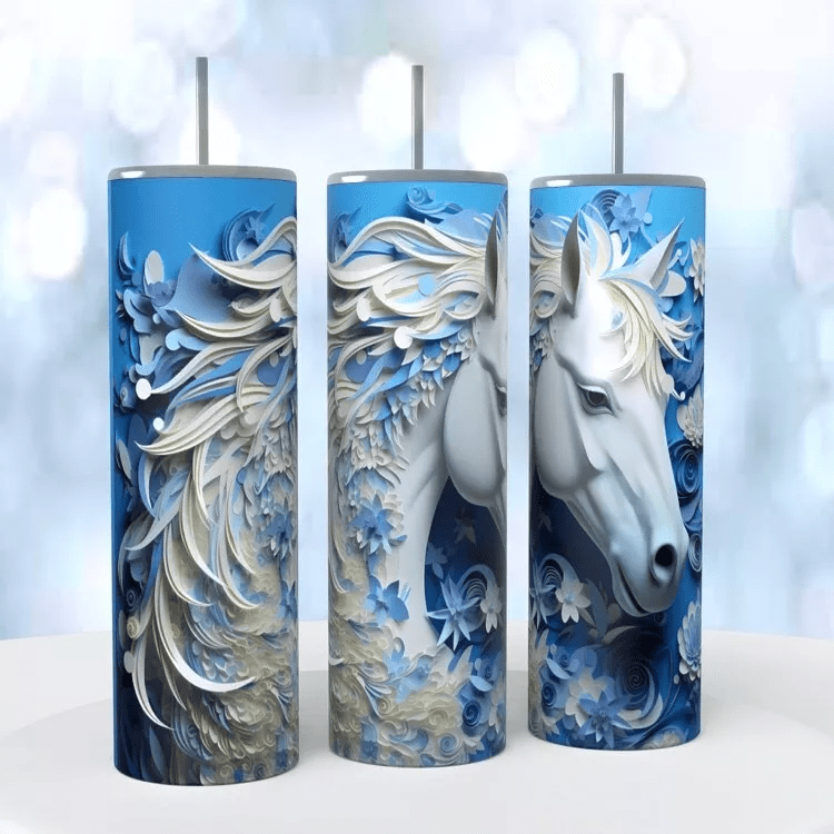 3d White Horse On Blue 20 Oz Sublimated Tumbler Coffee Cup Insulated Blue