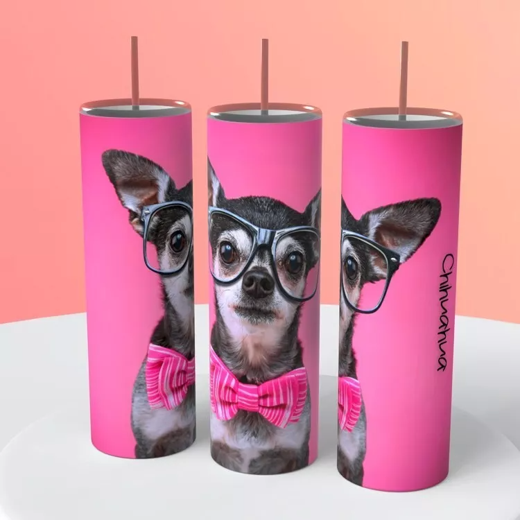 Black Chihuahua Wearing Glasses Tumbler 20 Ounce Insulated Coffee Cup