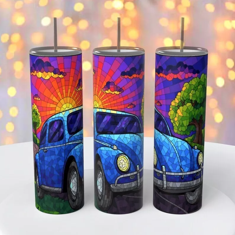 Blue Vintage Vw Car Mosaic 20 Ounce Sublimated Tumbler Insulated Coffee Cup