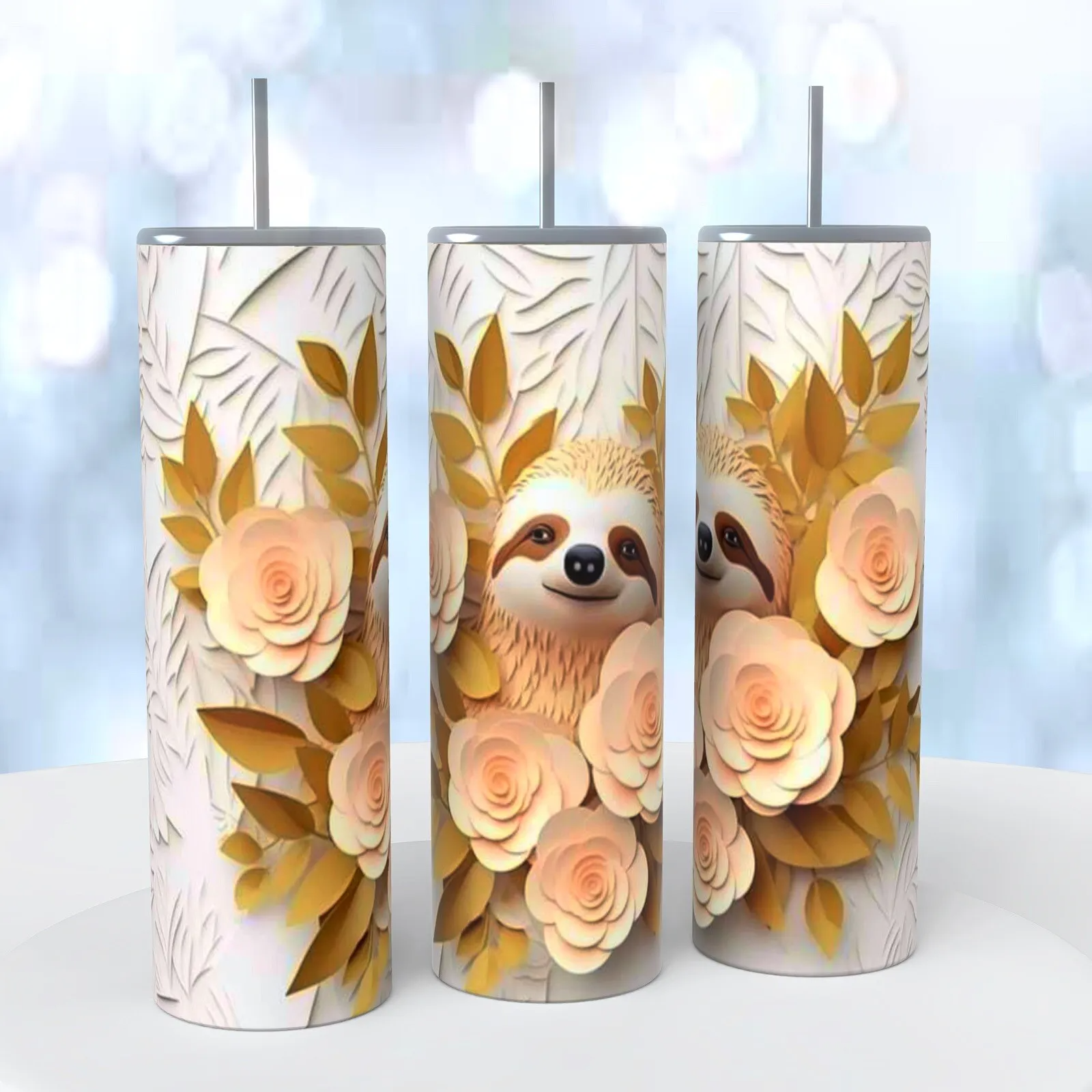 Brown Sloth With Flowers Boho 3d Look On A 20 Ounce Tumbler Insulated Coffee Cup