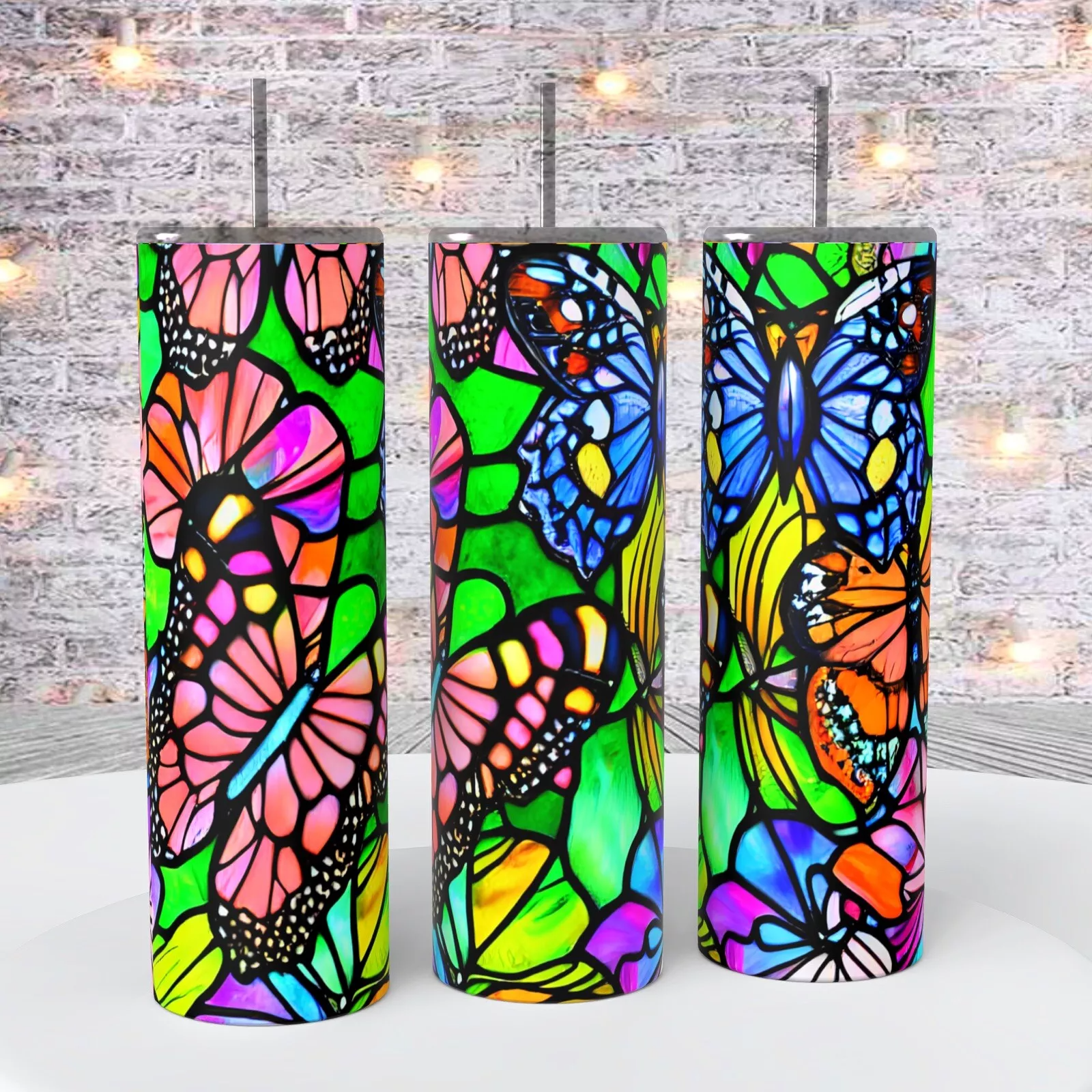 Butterflies Stained Glass Multicolors On A 20 Oz Tumbler Insulated Coffee Cup