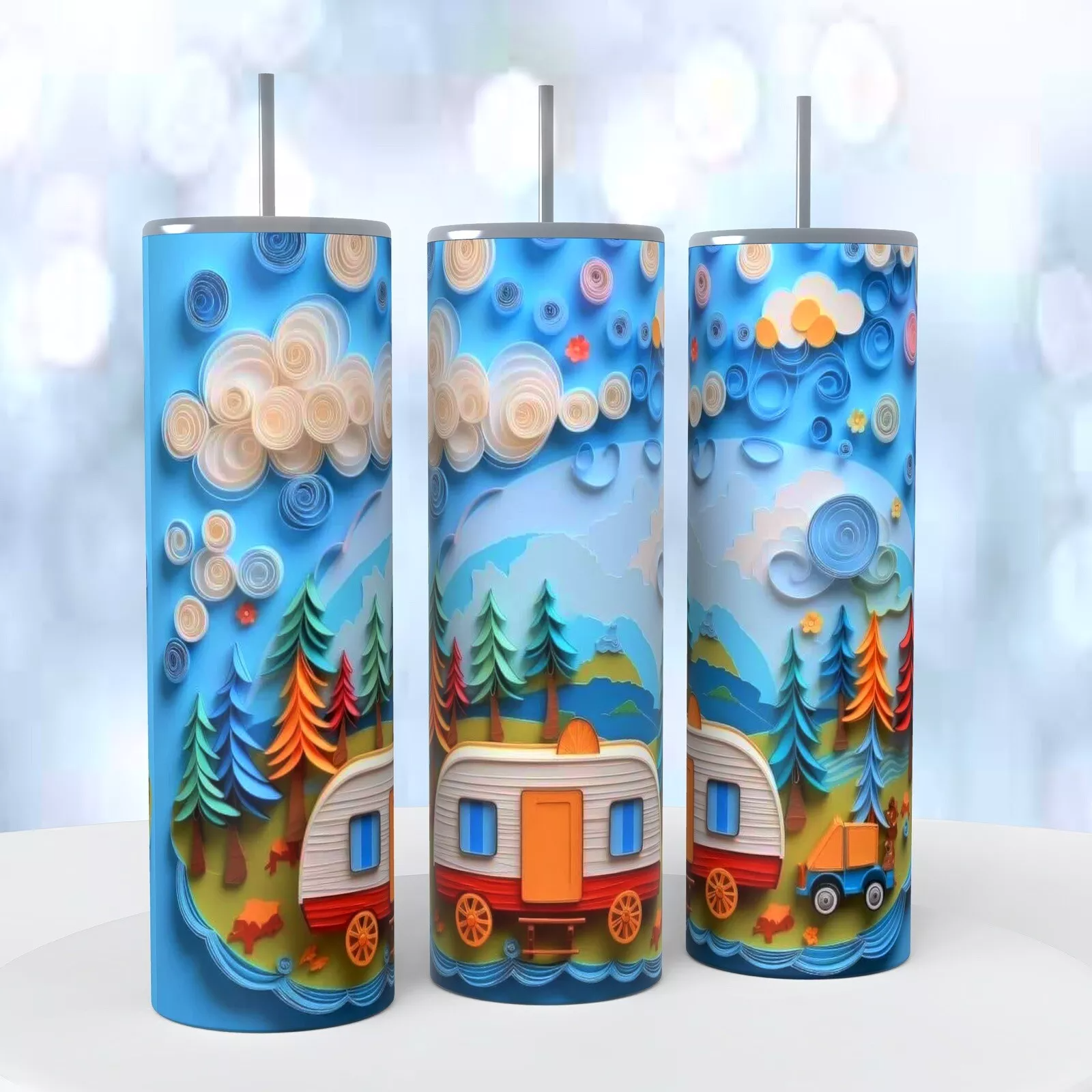 Camping Paper Quilling 3d Look On A 20 Ounce Tumbler Insulated Coffee Cup