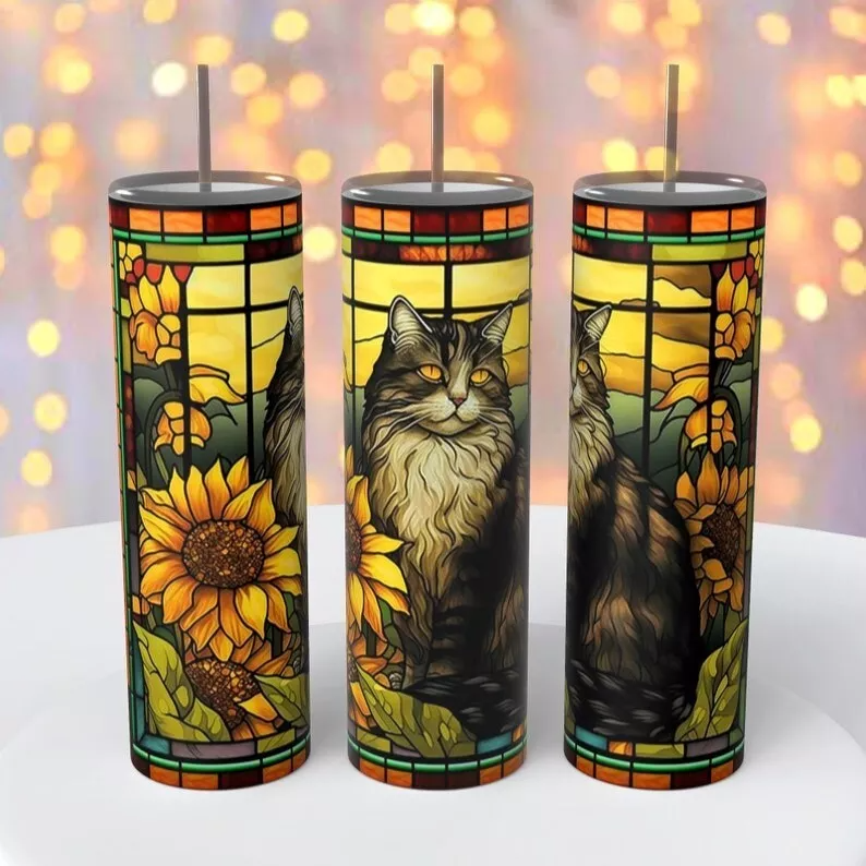 Cat And Sunflowers Stained Glass Appearing Tumbler 20 Ounce Insulated Coffee Cup