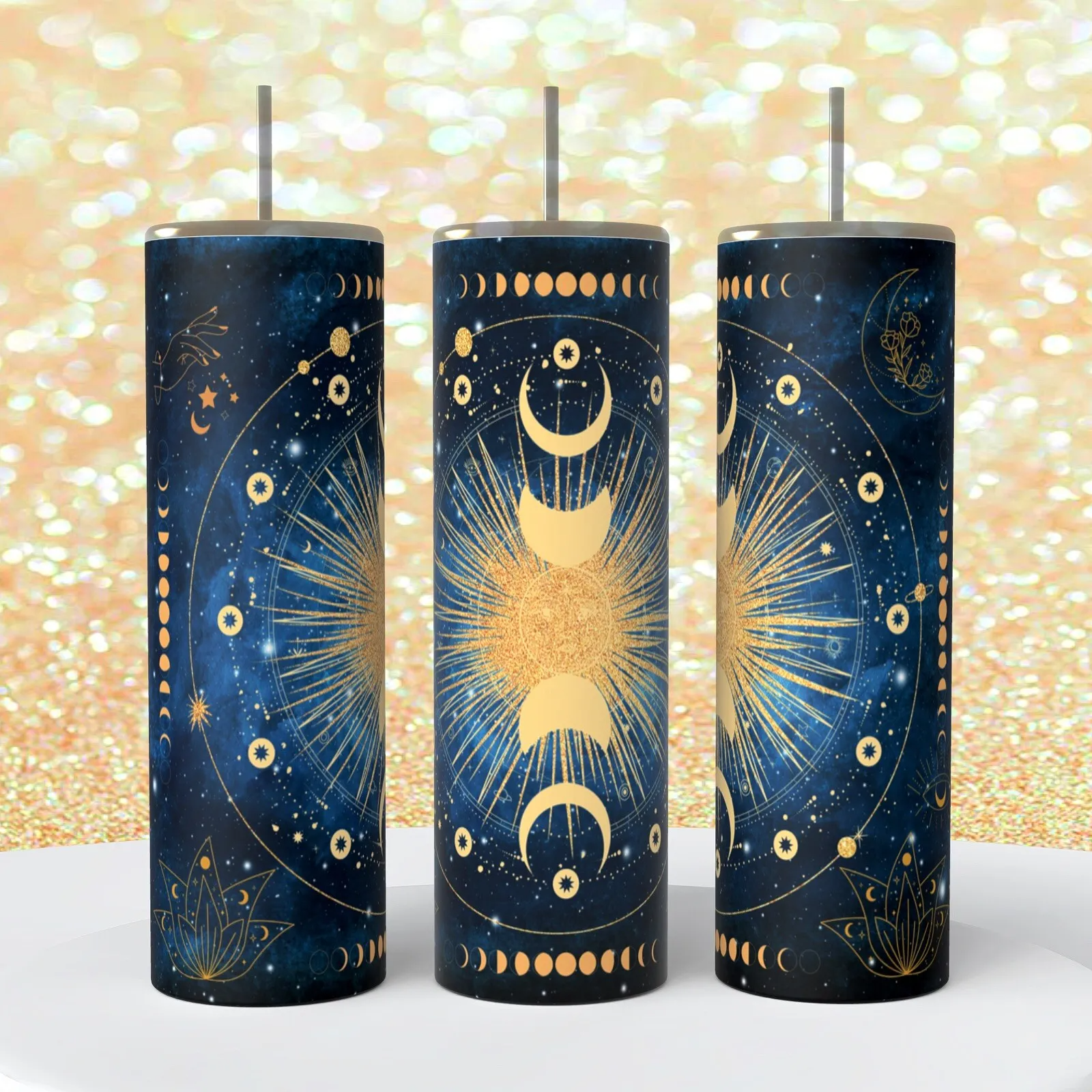 Celestial Moon Phases Navy Gold On A 20 Ounce Tumbler Insulated Coffee Cup