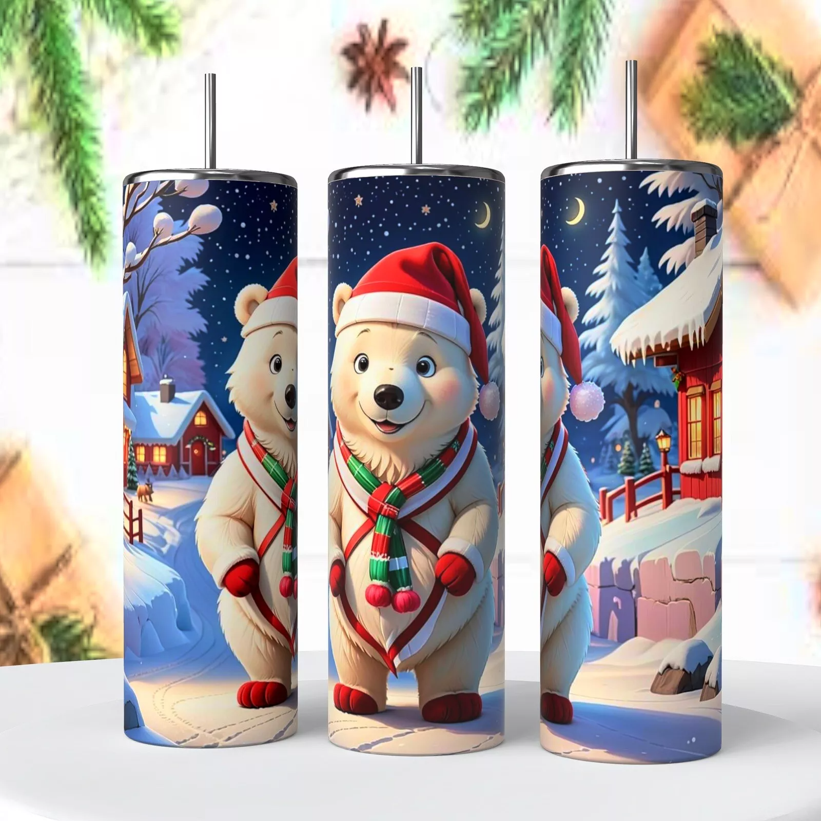 Christmas Santa Polar Bear Snow Winter 20 Oz Tumbler Insulated Coffee Cup