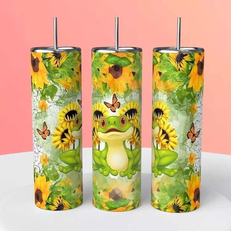 Cute Frog With Sunflowers Butterflies On A 20 Ounce Tumbler Insulated Coffee Cup