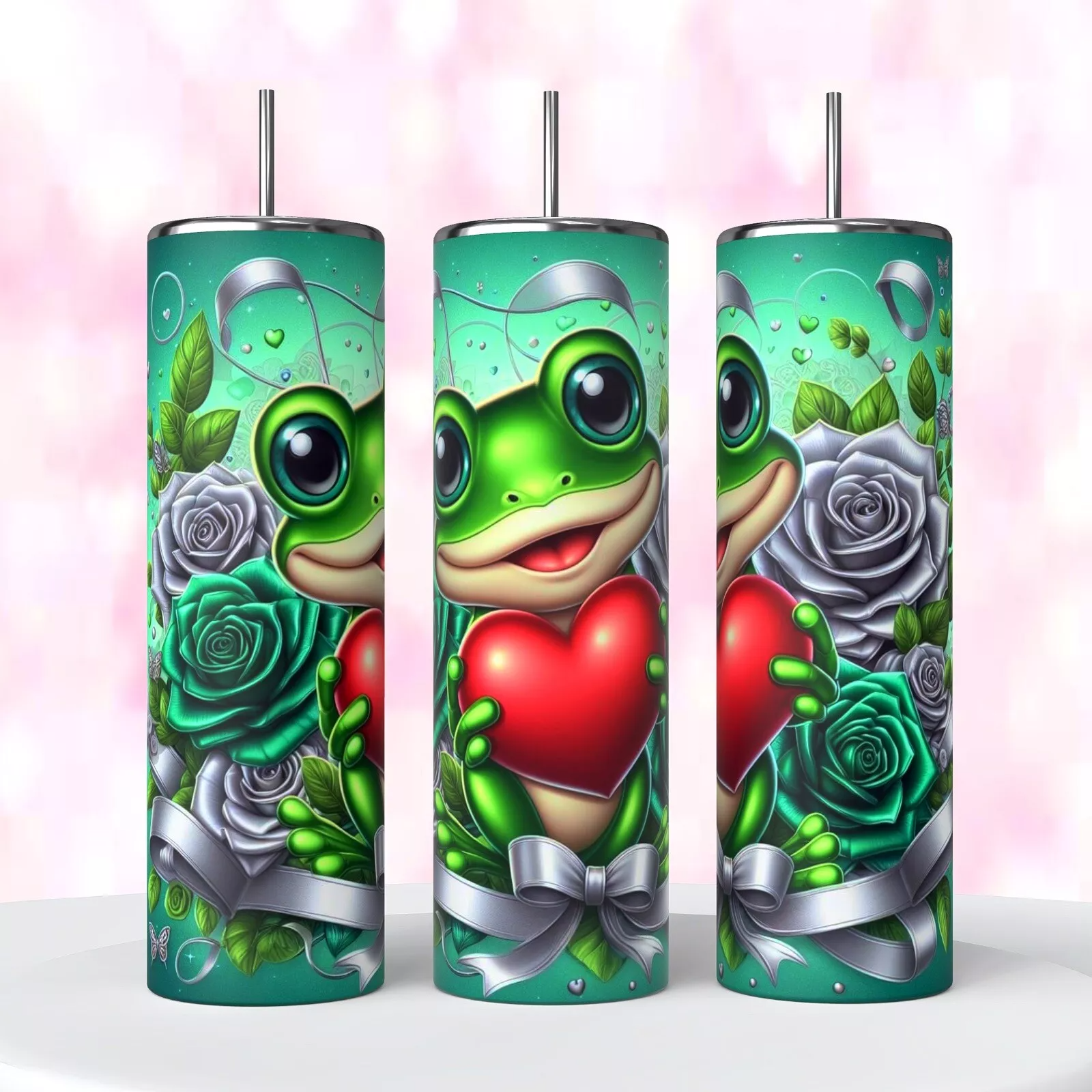 Cute Green Frog And Roses With Heart 20 Oz Tumbler Coffee Valentine’s Day