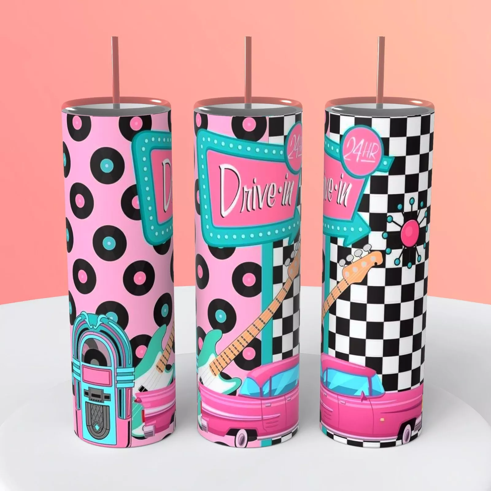 Diner Pink Jukebox 1950s Cars Records On A 20 Ounce Tumbler Insulated Coffee Cup