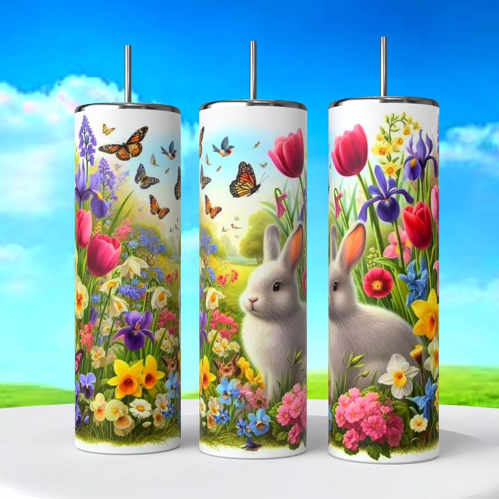 Easter Bunny Rabbit Butterfly Flowers Image 20 Oz Tumbler Coffee Cup Sublimation