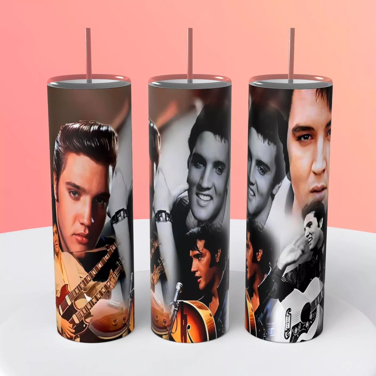 Elvis Through The Years Collage On A 20 Ounce Tumbler Insulated Coffee Cup