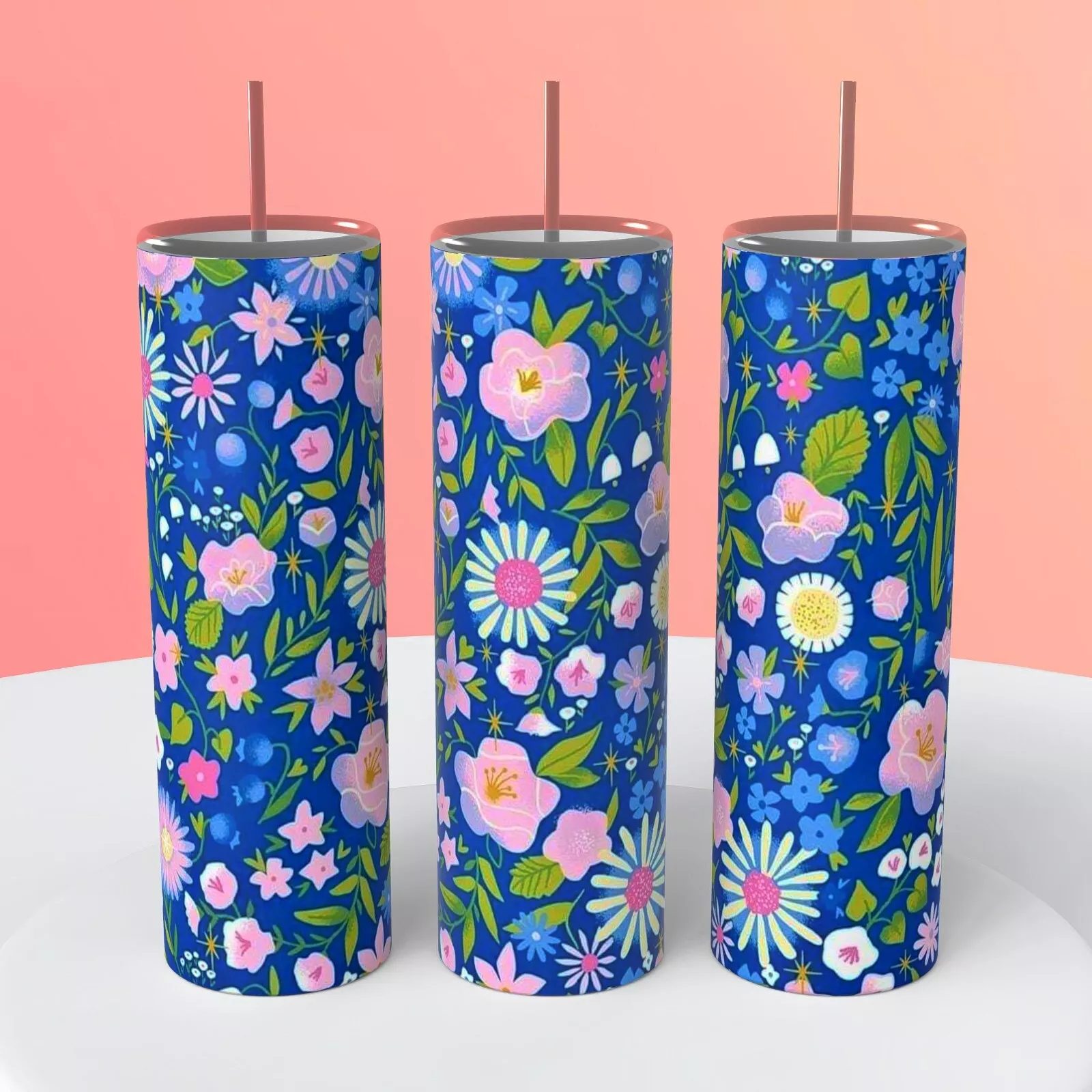 Floral Pattern On Blue Background 20 Oz Sublimated Tumbler Coffee Cup Insulated