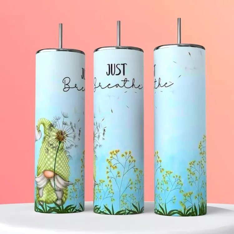 Gnome Dandelion Just Breathe On A 20 Ounce Tumbler Insulated Coffee Cup