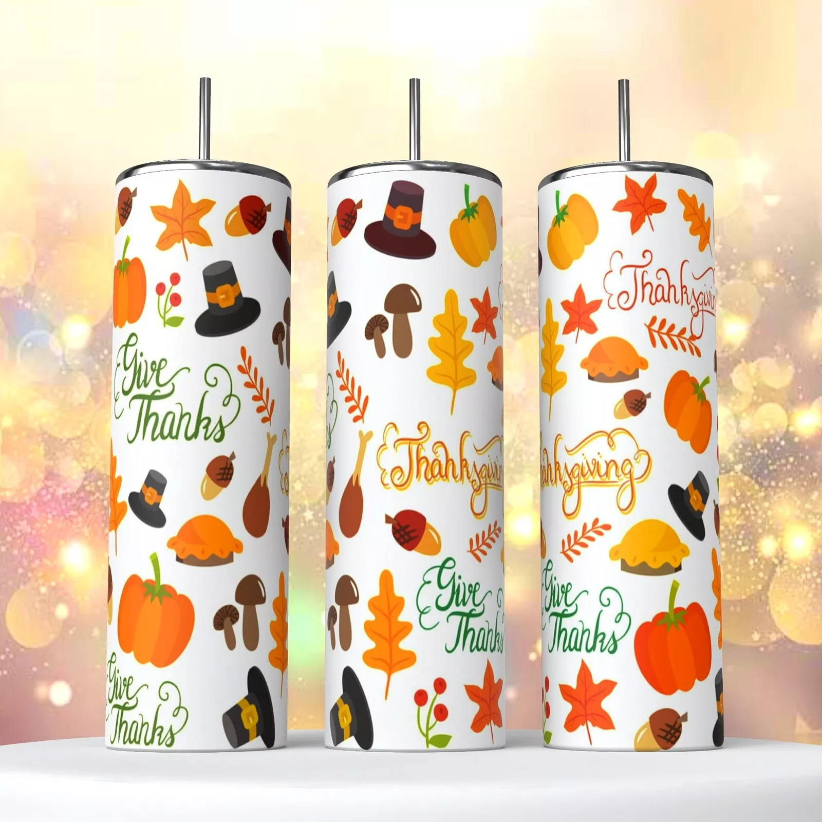 Happy Thanksgiving Pilgrim Pumpkins On 20 Oz Tumbler Insulated Coffee Cup