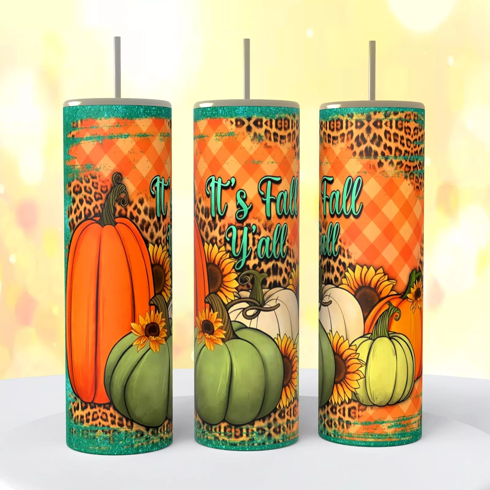 It’s Fall Y’all Pumpkins Teal Image On A 20 Oz Tumbler Insulated Coffee Cup